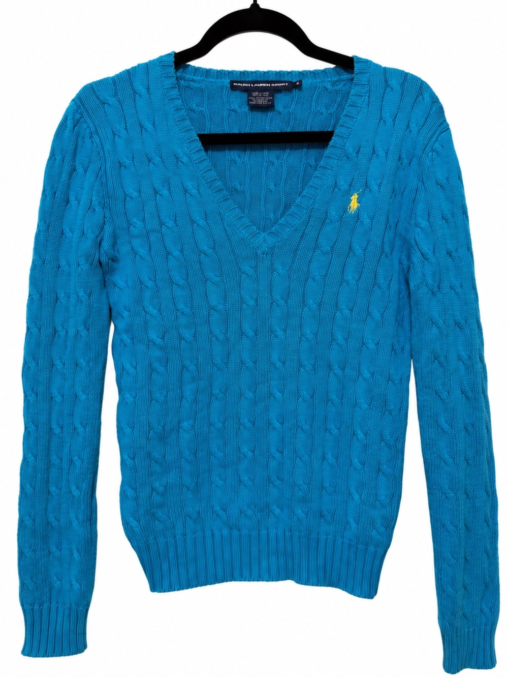 Ralph Lauren Sport Cable Knit V Neck Sweater Blue Cotton Preppy Size M